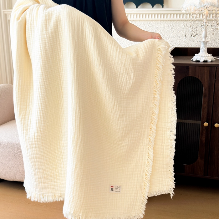 91家纺网 家纺一手货源 找家纺 悦然毛巾被 2025新款全棉纯棉四层纱布流苏毯毛巾被 意境系列 意境-奶白