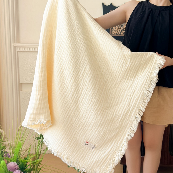 91家纺网 家纺一手货源 找家纺 悦然毛巾被 2025新款全棉纯棉四层纱布流苏毯毛巾被 意境系列 意境-奶白