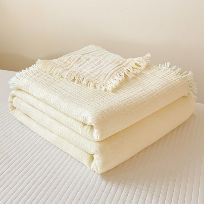 91家纺网 家纺一手货源 找家纺 悦然毛巾被 2025新款全棉纯棉四层纱布流苏毯毛巾被 意境系列 意境-奶白