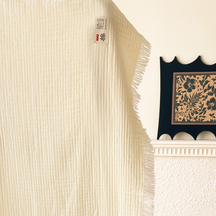 91家纺网 家纺一手货源 找家纺 悦然毛巾被 2025新款全棉纯棉四层纱布流苏毯毛巾被 意境系列 意境-奶白