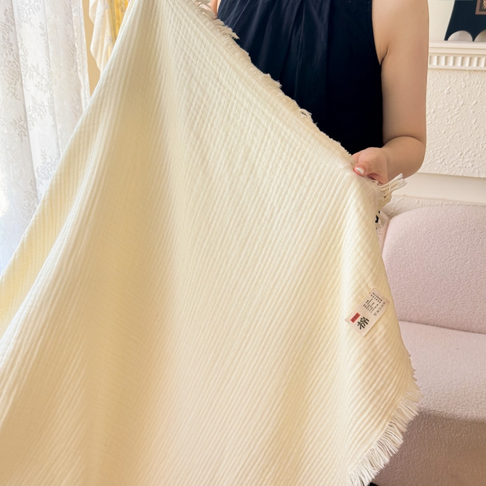 91家纺网 家纺一手货源 找家纺 悦然毛巾被 2025新款全棉纯棉四层纱布流苏毯毛巾被 意境系列 意境-奶白