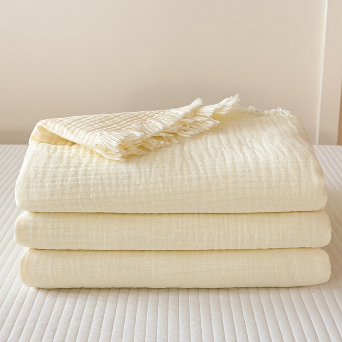 91家纺网 家纺一手货源 找家纺 悦然毛巾被 2025新款全棉纯棉四层纱布流苏毯毛巾被 意境系列 意境-奶白