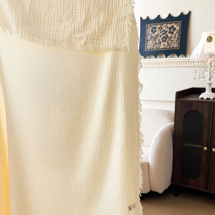 91家纺网 家纺一手货源 找家纺 悦然毛巾被 2025新款全棉纯棉四层纱布流苏毯毛巾被 意境系列 意境-奶白