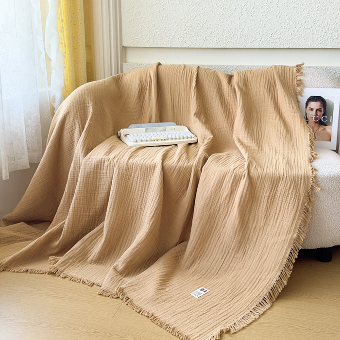 91家纺网 家纺一手货源 找家纺 悦然毛巾被 2025新款全棉纯棉四层纱布流苏毯毛巾被 意境系列 意境-棕