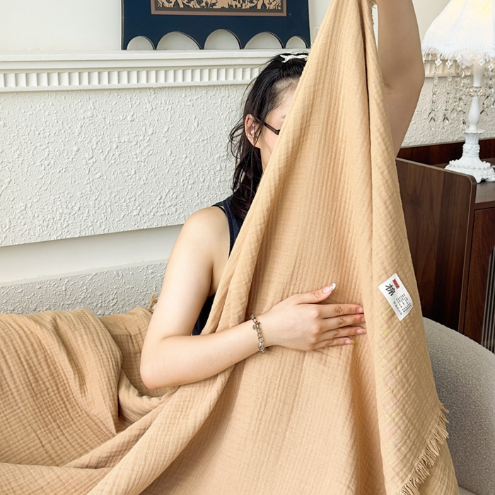91家纺网 家纺一手货源 找家纺 悦然毛巾被 2025新款全棉纯棉四层纱布流苏毯毛巾被 意境系列 意境-棕