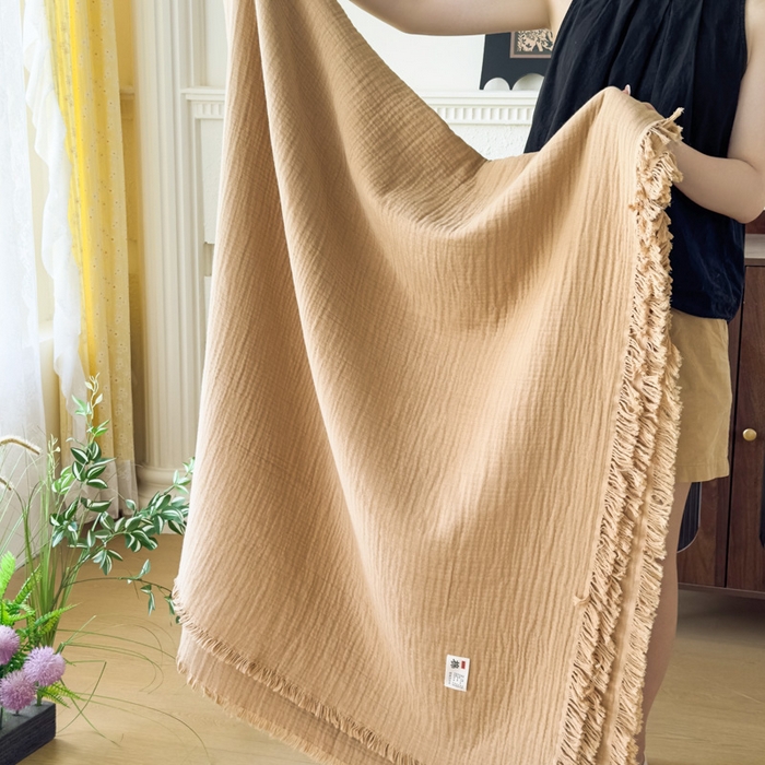 91家纺网 家纺一手货源 找家纺 悦然毛巾被 2025新款全棉纯棉四层纱布流苏毯毛巾被 意境系列 意境-棕