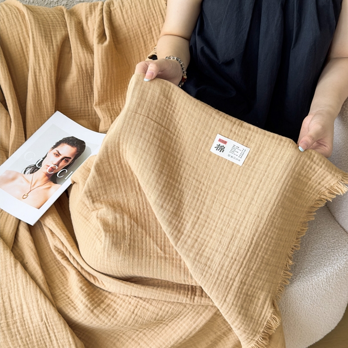 91家纺网 家纺一手货源 找家纺 悦然毛巾被 2025新款全棉纯棉四层纱布流苏毯毛巾被 意境系列 意境-棕