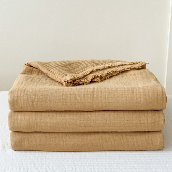 91家纺网 家纺一手货源 找家纺 悦然毛巾被 2025新款全棉纯棉四层纱布流苏毯毛巾被 意境系列 意境-棕