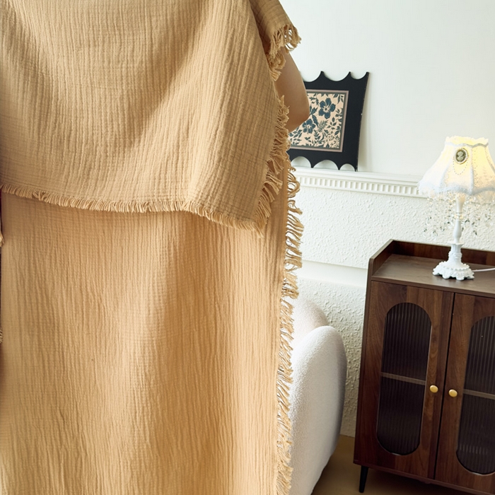 91家纺网 家纺一手货源 找家纺 悦然毛巾被 2025新款全棉纯棉四层纱布流苏毯毛巾被 意境系列 意境-棕