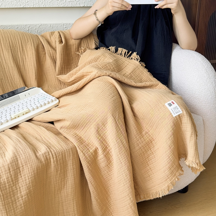 91家纺网 家纺一手货源 找家纺 悦然毛巾被 2025新款全棉纯棉四层纱布流苏毯毛巾被 意境系列 意境-棕