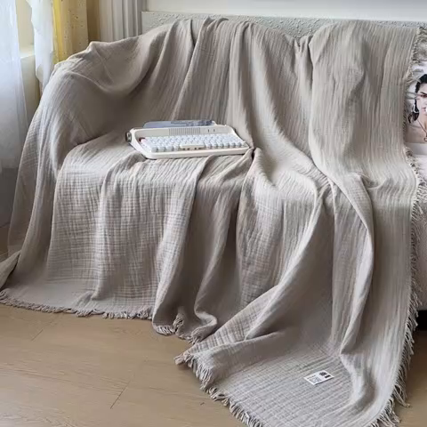 91家纺网 家纺一手货源 找家纺 悦然毛巾被 2025新款全棉纯棉四层纱布流苏毯毛巾被 意境系列 意境-灰