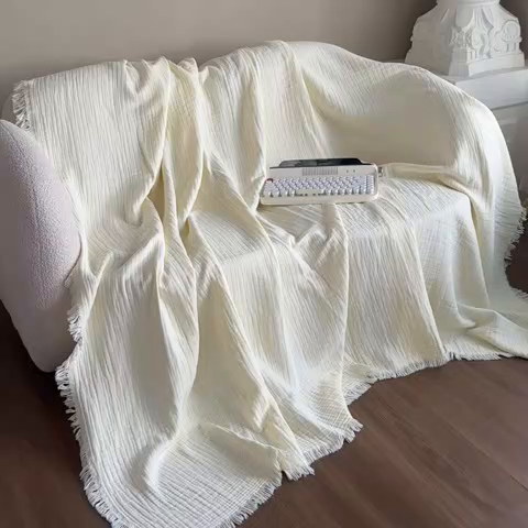 91家纺网 家纺一手货源 找家纺 悦然毛巾被 2025新款全棉纯棉四层纱布流苏毯毛巾被 意境系列 意境-奶白