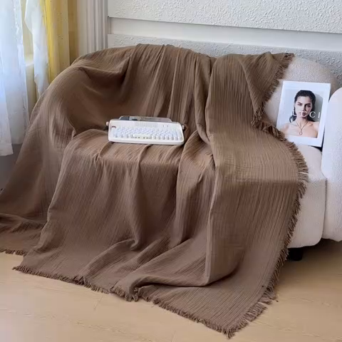 91家纺网 家纺一手货源 找家纺 悦然毛巾被 2025新款全棉纯棉四层纱布流苏毯毛巾被 意境系列 意境-咖