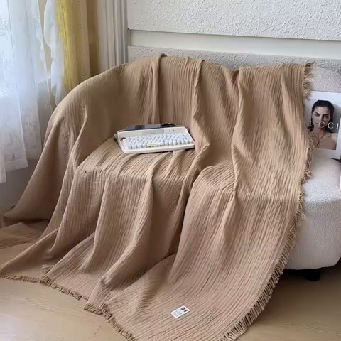 91家纺网 家纺一手货源 找家纺 悦然毛巾被 2025新款全棉纯棉四层纱布流苏毯毛巾被 意境系列 意境-棕