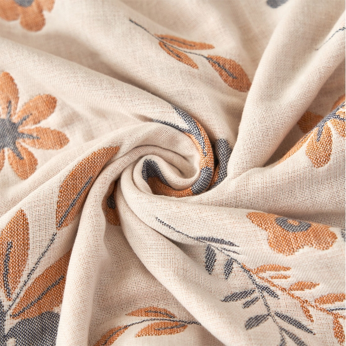 91家纺网 家纺一手货源 找家纺 朴尔家纺-毛巾被2025新款全棉四层纱布休闲枕巾 纷飞花雨-驼