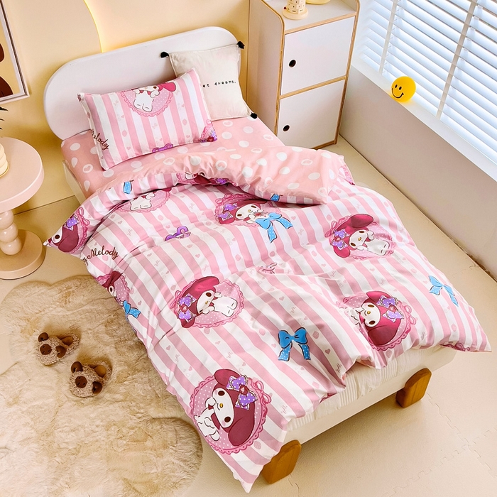 91家纺网 家纺一手货源 找家纺 吉咪兔 2025新款正版三丽鸥库洛米美乐蒂幼儿园被子三件套纯棉被褥六件套午睡条纹美乐蒂