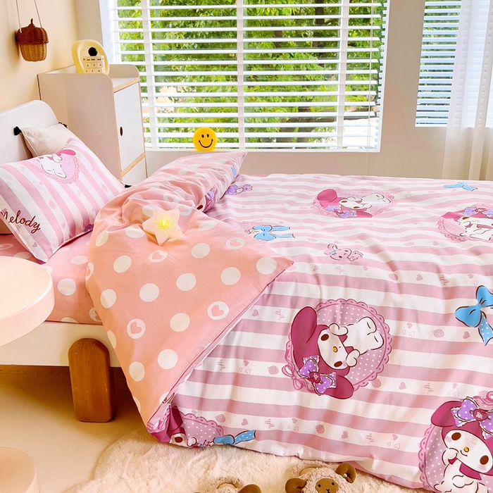 91家纺网 家纺一手货源 找家纺 吉咪兔 2025新款正版三丽鸥库洛米美乐蒂幼儿园被子三件套纯棉被褥六件套午睡条纹美乐蒂