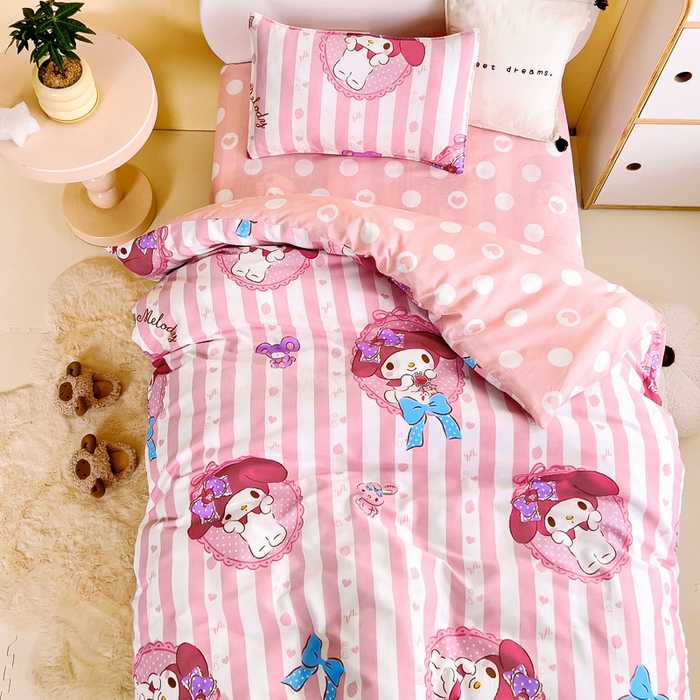 91家纺网 家纺一手货源 找家纺 吉咪兔 2025新款正版三丽鸥库洛米美乐蒂幼儿园被子三件套纯棉被褥六件套午睡条纹美乐蒂