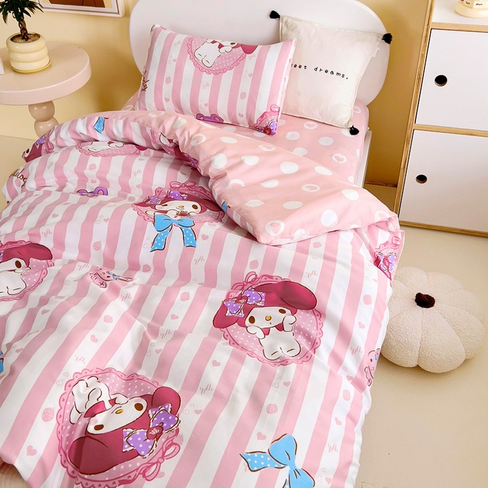 91家纺网 家纺一手货源 找家纺 吉咪兔 2025新款正版三丽鸥库洛米美乐蒂幼儿园被子三件套纯棉被褥六件套午睡条纹美乐蒂