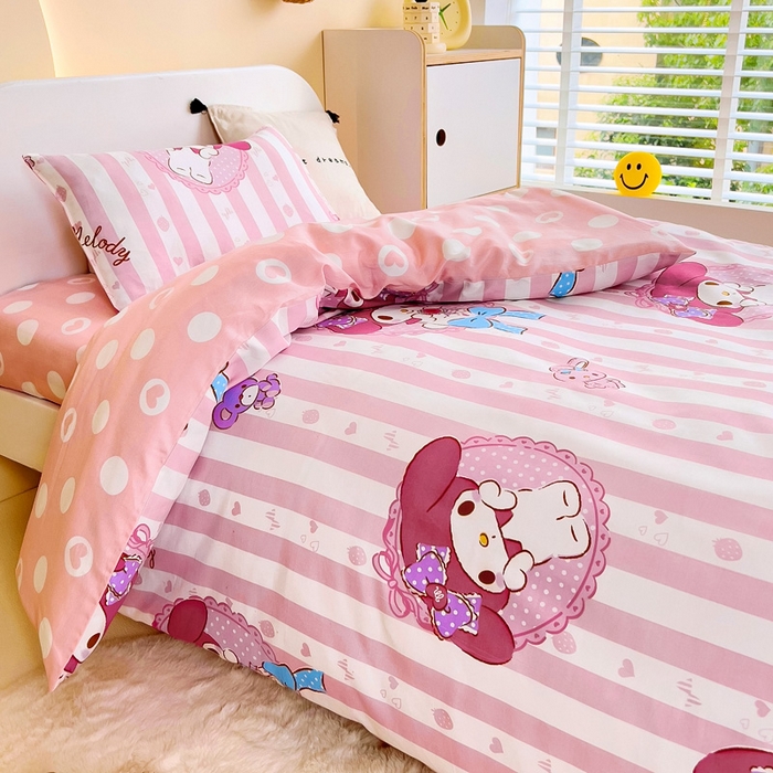 91家纺网 家纺一手货源 找家纺 吉咪兔 2025新款正版三丽鸥库洛米美乐蒂幼儿园被子三件套纯棉被褥六件套午睡条纹美乐蒂