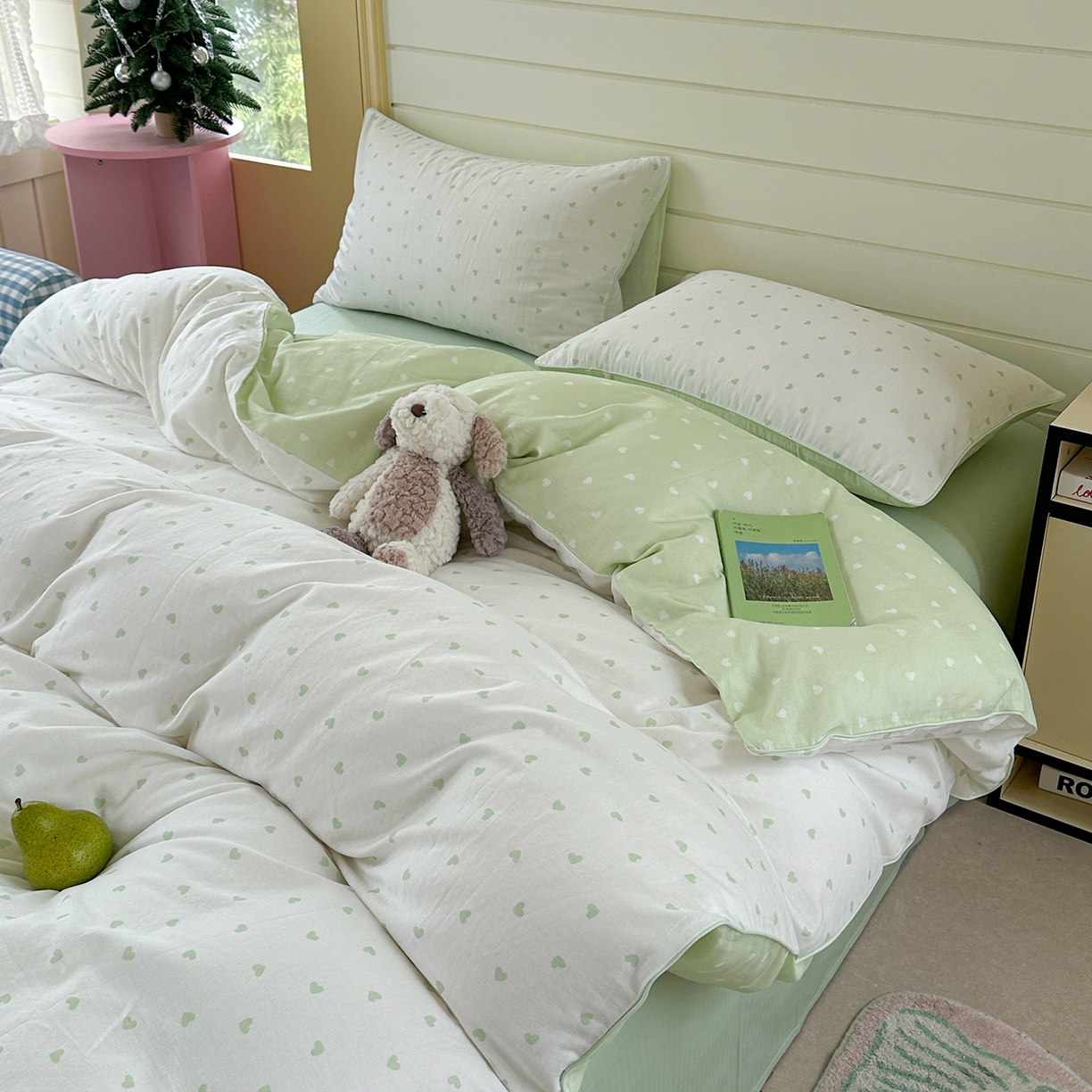 91家纺网 家纺一手货源 找家纺 麦伦家居 2025新品嵌绳款全棉双层纱四件套 爱心-浅绿