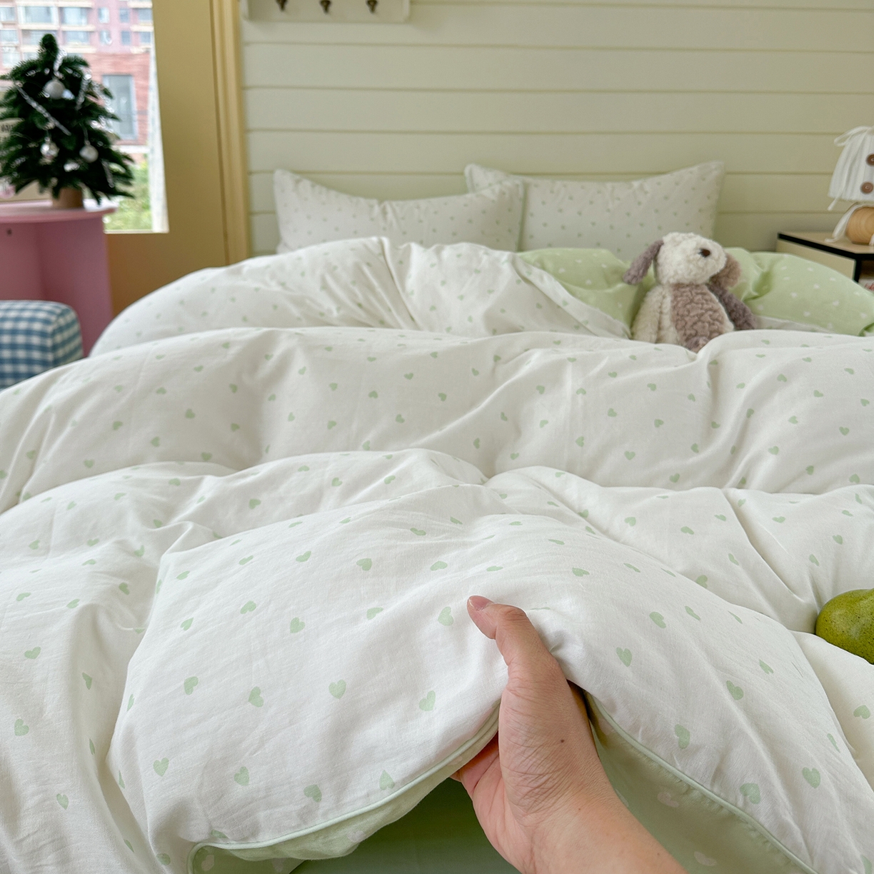 91家纺网 家纺一手货源 找家纺 麦伦家居 2025新品嵌绳款全棉双层纱四件套 爱心-浅绿