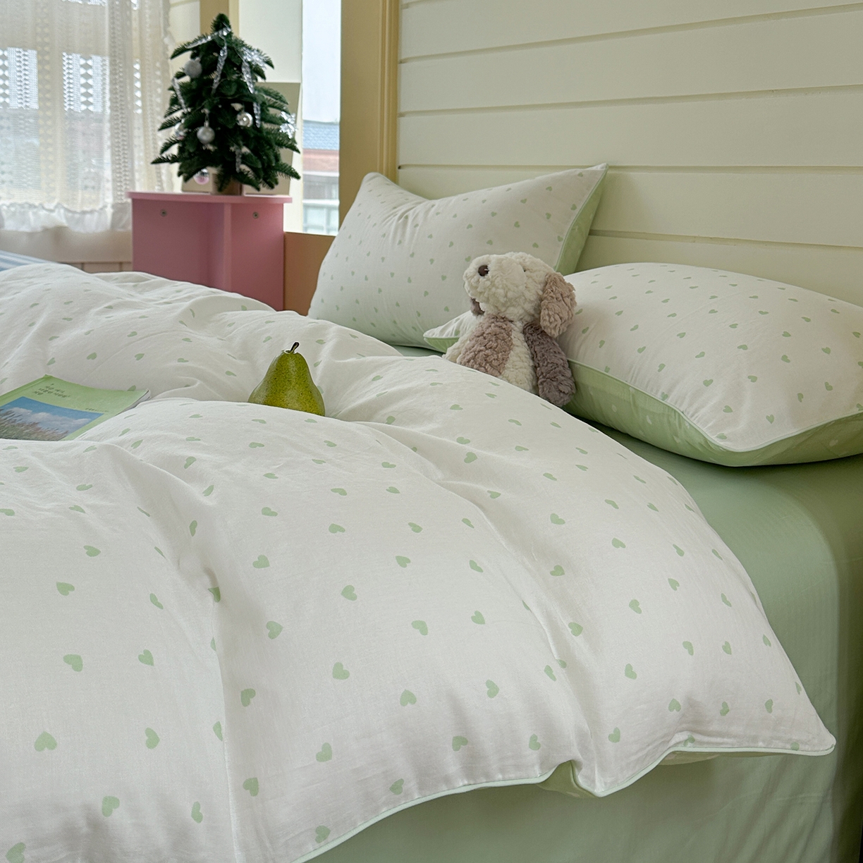 91家纺网 家纺一手货源 找家纺 麦伦家居 2025新品嵌绳款全棉双层纱四件套 爱心-浅绿