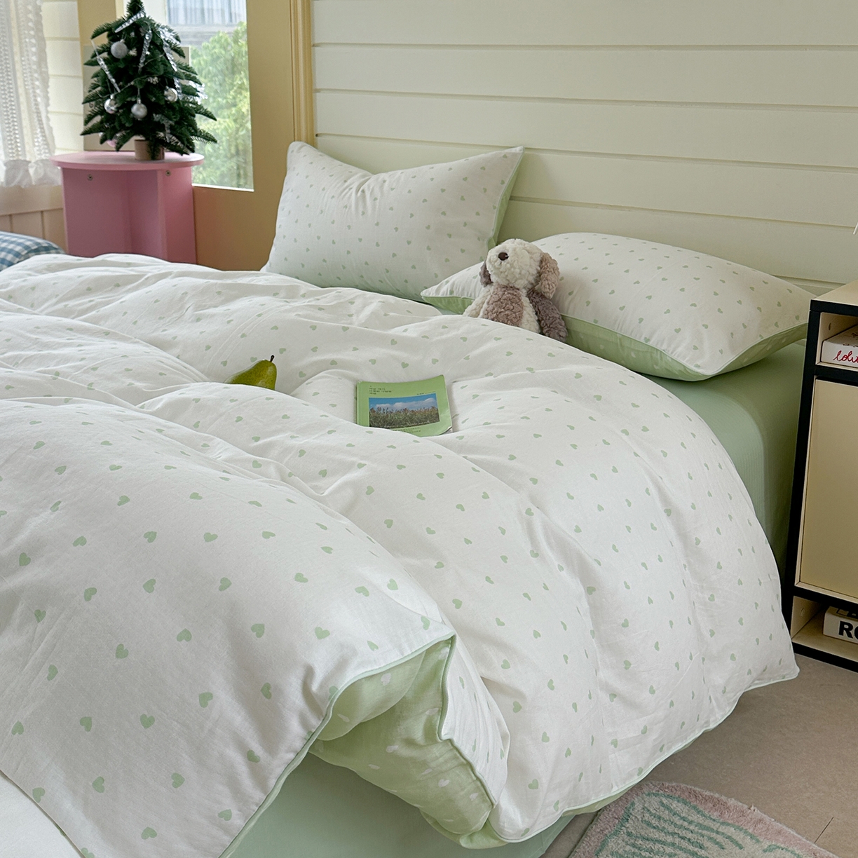 91家纺网 家纺一手货源 找家纺 麦伦家居 2025新品嵌绳款全棉双层纱四件套 爱心-浅绿