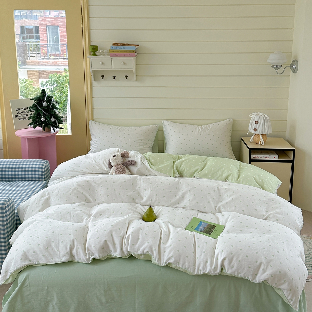 91家纺网 家纺一手货源 找家纺 麦伦家居 2025新品嵌绳款全棉双层纱四件套 爱心-浅绿