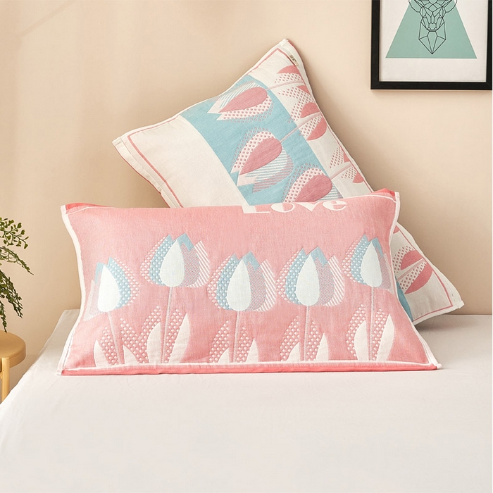 91家纺网 家纺一手货源 找家纺 朴尔家纺-毛巾被2025新款全棉四层纱布休闲枕巾 罗曼蒂克-粉