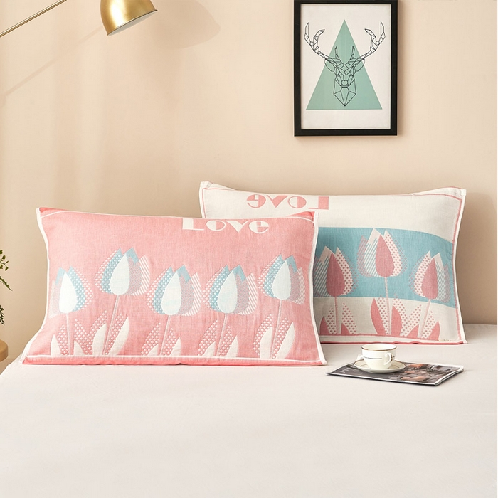 朴尔家纺-毛巾被2025新款全棉四层纱布休闲枕巾 罗曼蒂克-粉