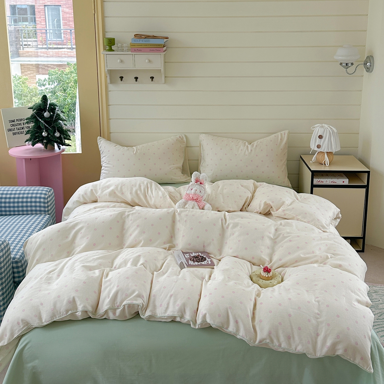 麦伦家居 2025新品嵌绳款全棉双层纱四件套 奶盐泡泡-绿