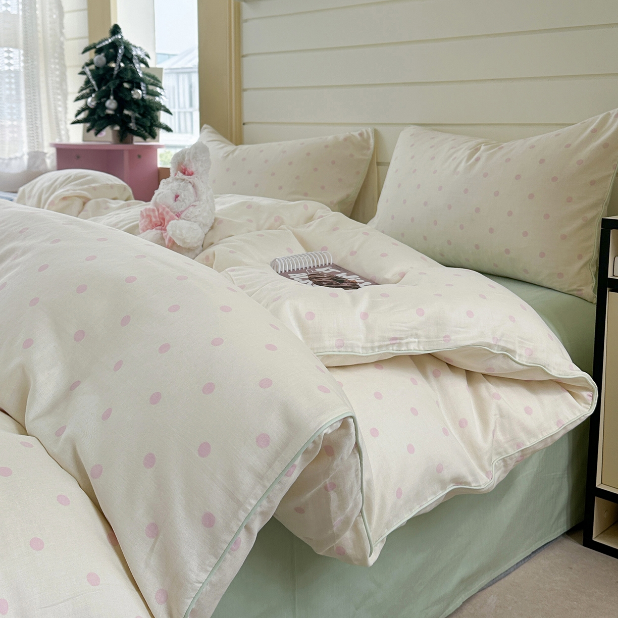 91家纺网 家纺一手货源 找家纺 麦伦家居 2025新品嵌绳款全棉双层纱四件套 奶盐泡泡-绿