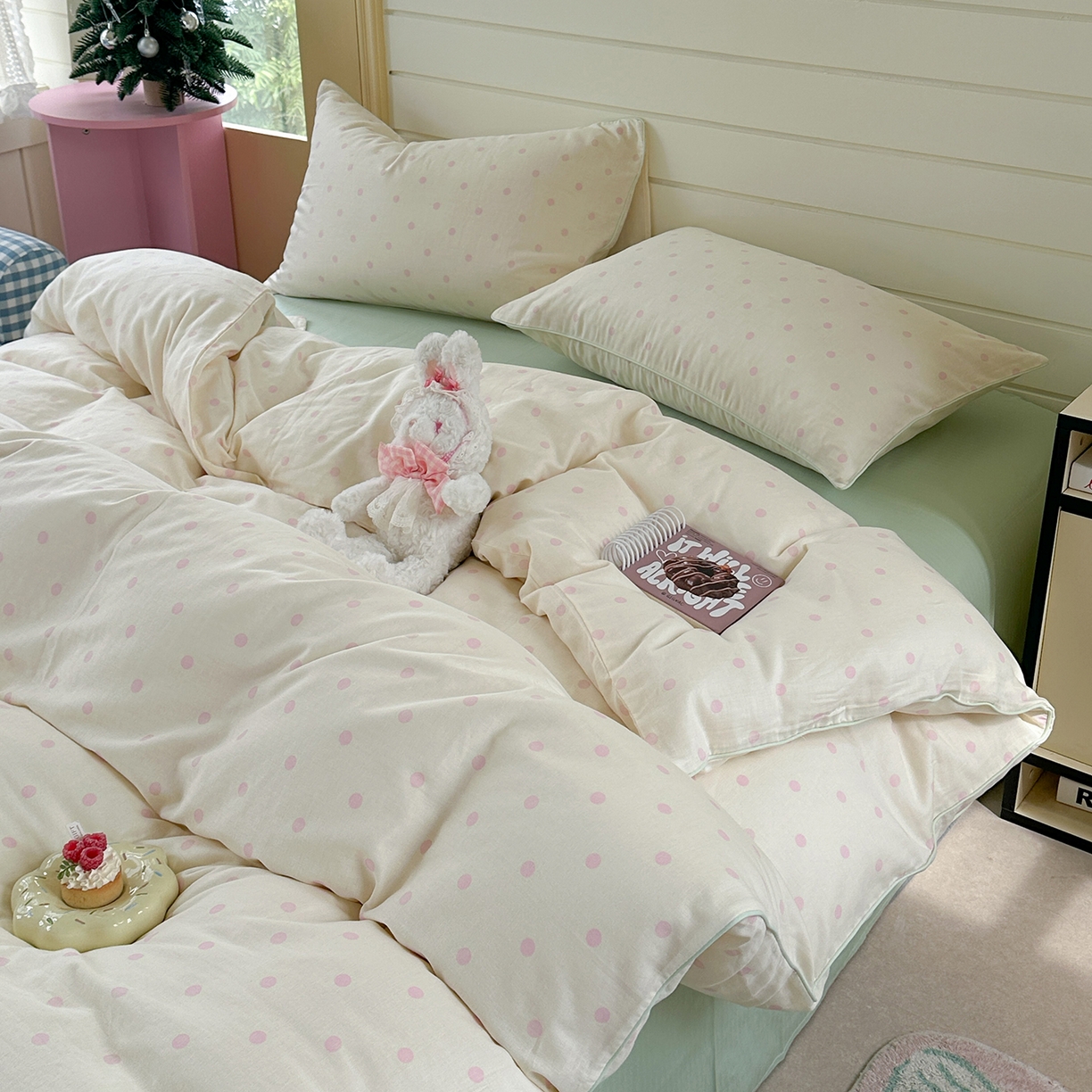 91家纺网 家纺一手货源 找家纺 麦伦家居 2025新品嵌绳款全棉双层纱四件套 奶盐泡泡-绿