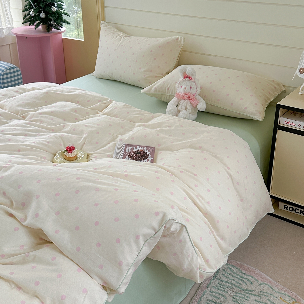 91家纺网 家纺一手货源 找家纺 麦伦家居 2025新品嵌绳款全棉双层纱四件套 奶盐泡泡-绿