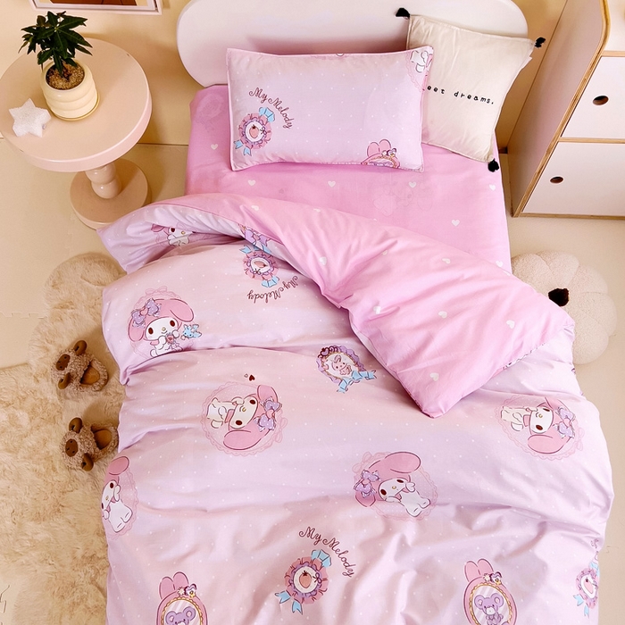 91家纺网 家纺一手货源 找家纺 吉咪兔 2025新款正版三丽鸥库洛米美乐蒂幼儿园被子三件套纯棉被褥六件套午睡小兔美乐蒂