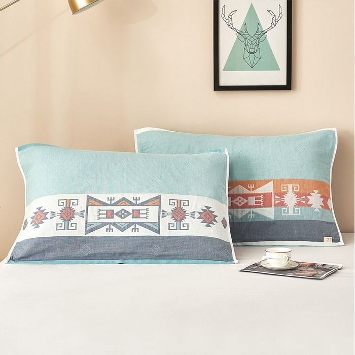 朴尔家纺-毛巾被2025新款全棉四层纱布休闲枕巾 欧典风情-蓝