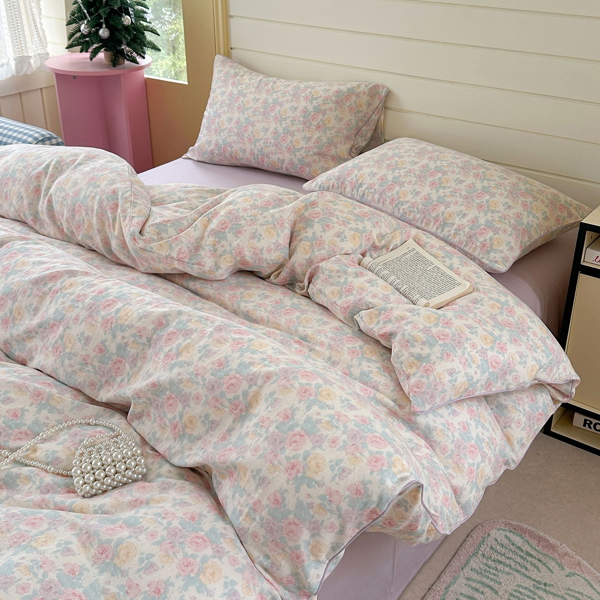 91家纺网 家纺一手货源 找家纺 麦伦家居 2025新品嵌绳款全棉双层纱四件套 嵌绳款-春意