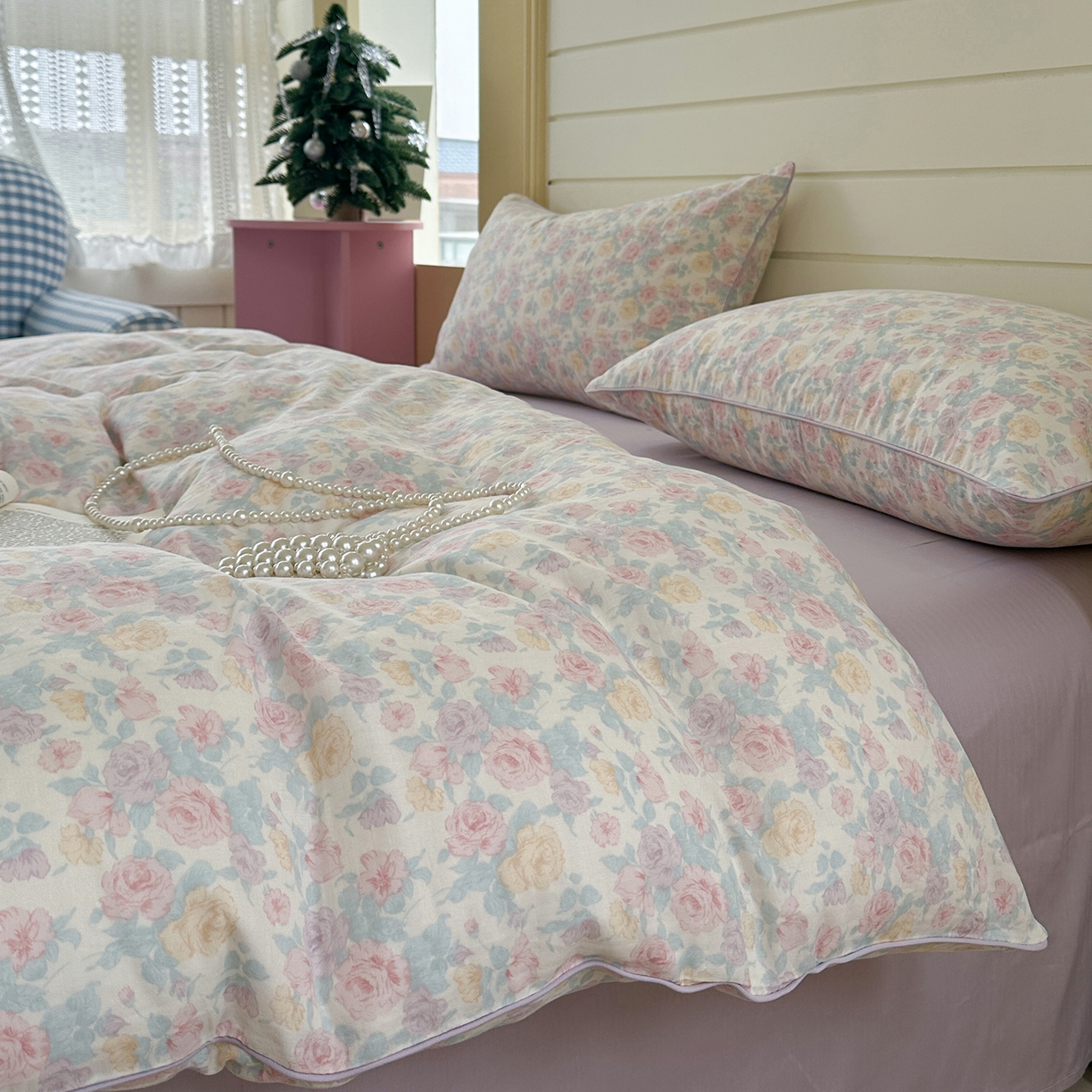 91家纺网 家纺一手货源 找家纺 麦伦家居 2025新品嵌绳款全棉双层纱四件套 嵌绳款-春意