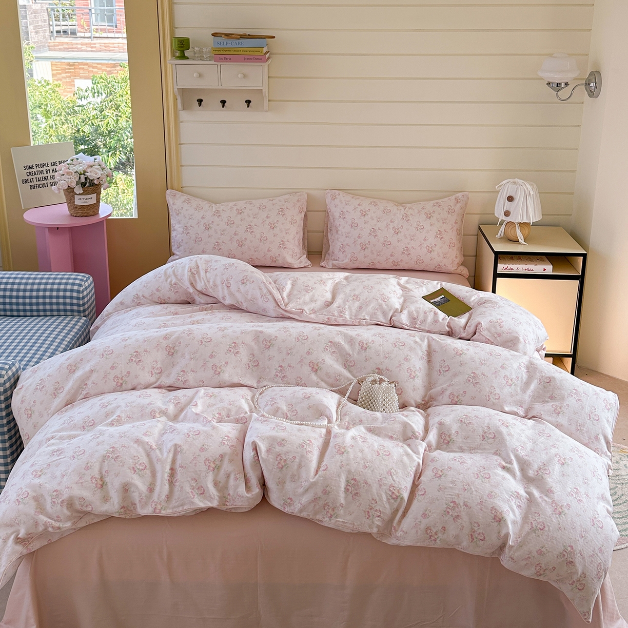 91家纺网 家纺一手货源 找家纺 麦伦家居 2025新品嵌绳款全棉双层纱四件套 嵌绳款-花之晓粉