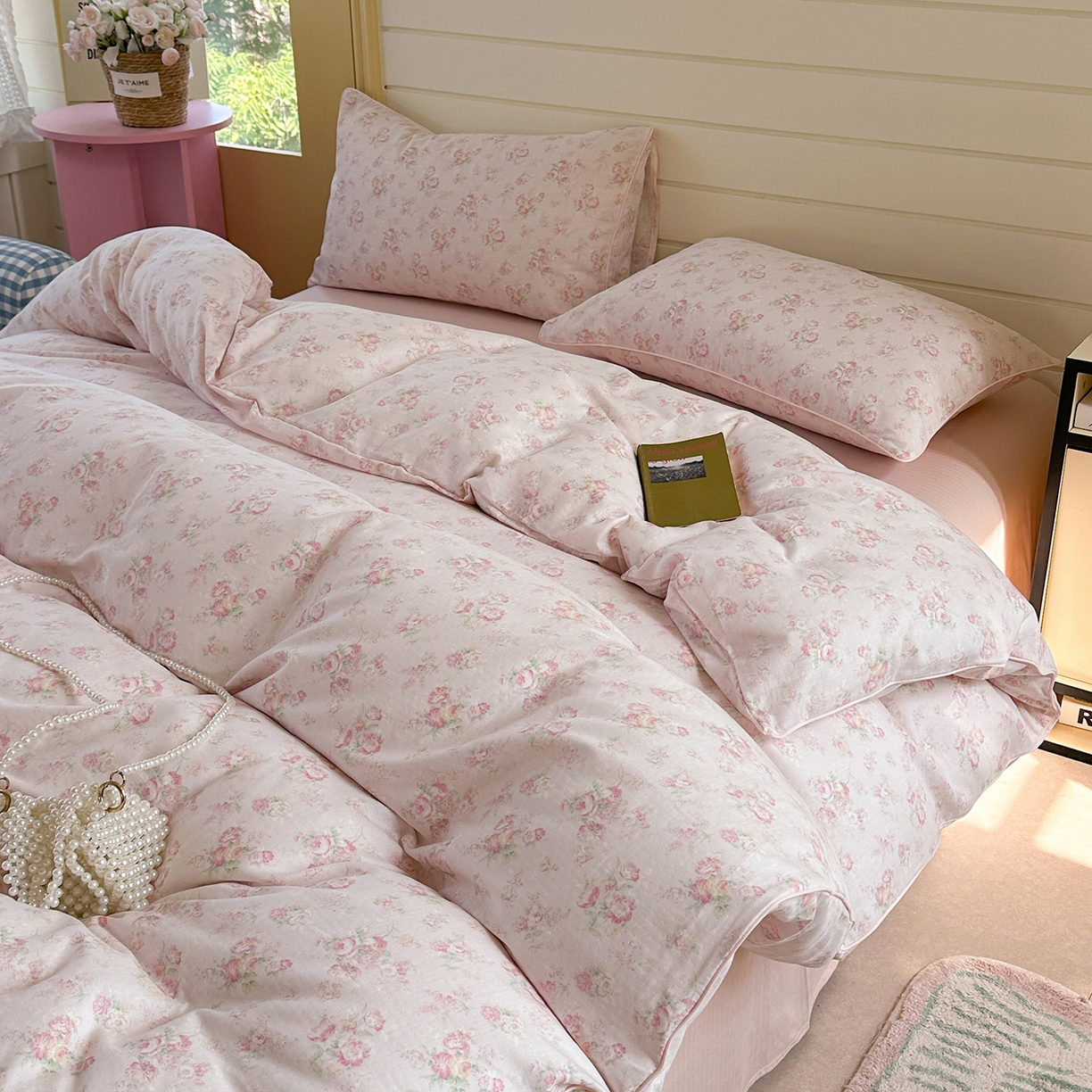 91家纺网 家纺一手货源 找家纺 麦伦家居 2025新品嵌绳款全棉双层纱四件套 嵌绳款-花之晓粉