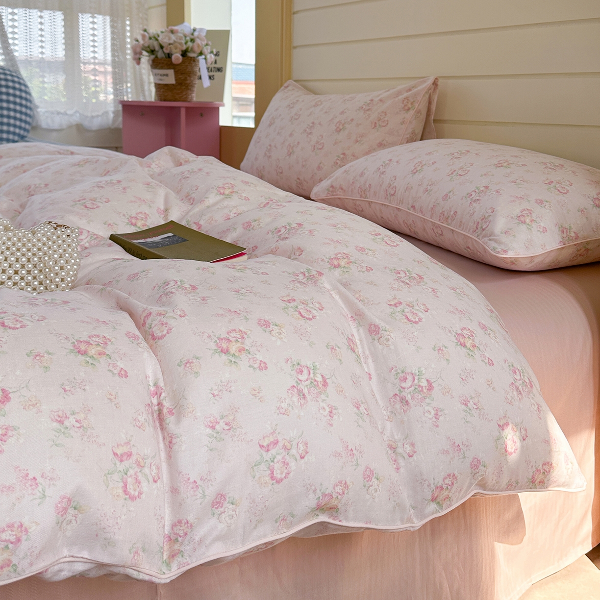 91家纺网 家纺一手货源 找家纺 麦伦家居 2025新品嵌绳款全棉双层纱四件套 嵌绳款-花之晓粉