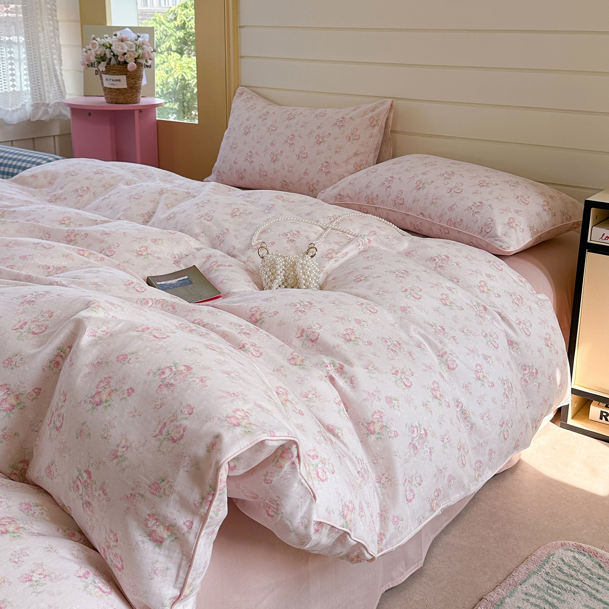 91家纺网 家纺一手货源 找家纺 麦伦家居 2025新品嵌绳款全棉双层纱四件套 嵌绳款-花之晓粉