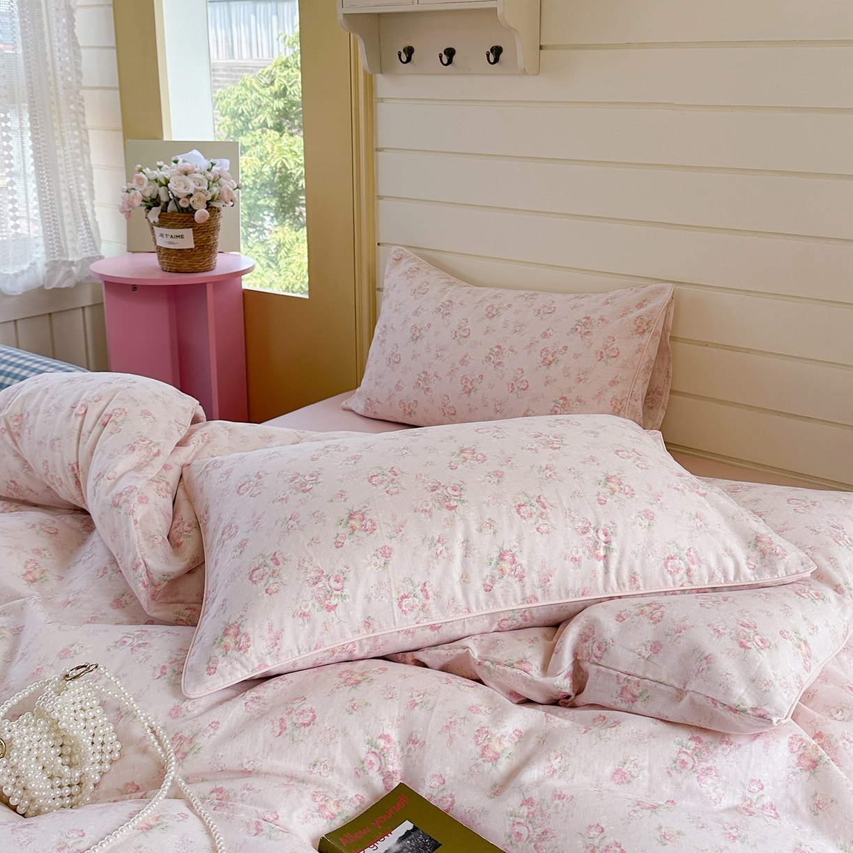 91家纺网 家纺一手货源 找家纺 麦伦家居 2025新品嵌绳款全棉双层纱四件套 嵌绳款-花之晓粉