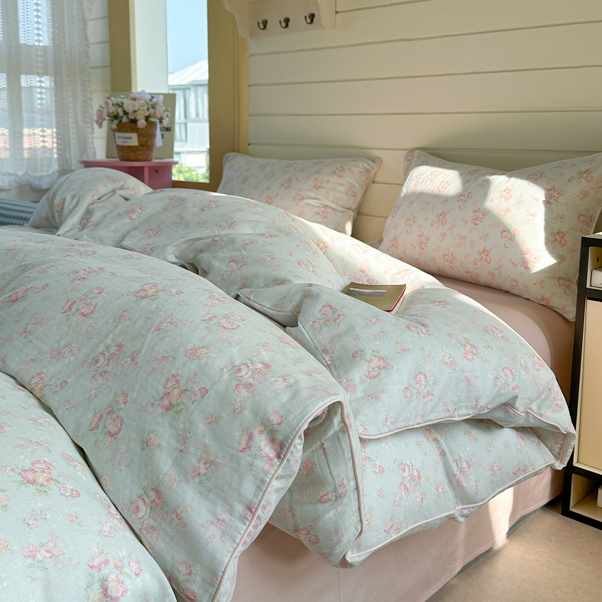 91家纺网 家纺一手货源 找家纺 麦伦家居 2025新品嵌绳款全棉双层纱四件套 嵌绳款-花枝晓绿