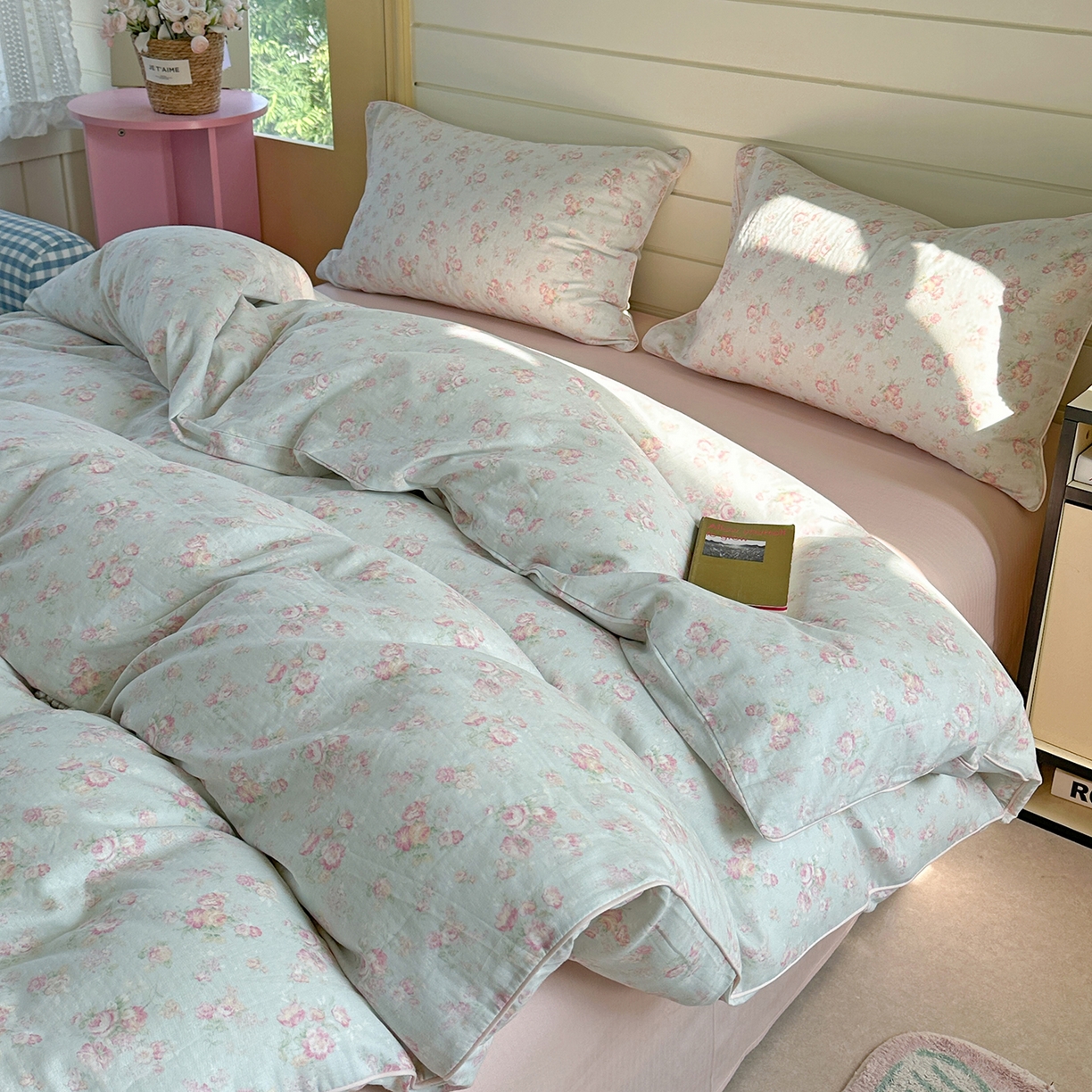 91家纺网 家纺一手货源 找家纺 麦伦家居 2025新品嵌绳款全棉双层纱四件套 嵌绳款-花枝晓绿