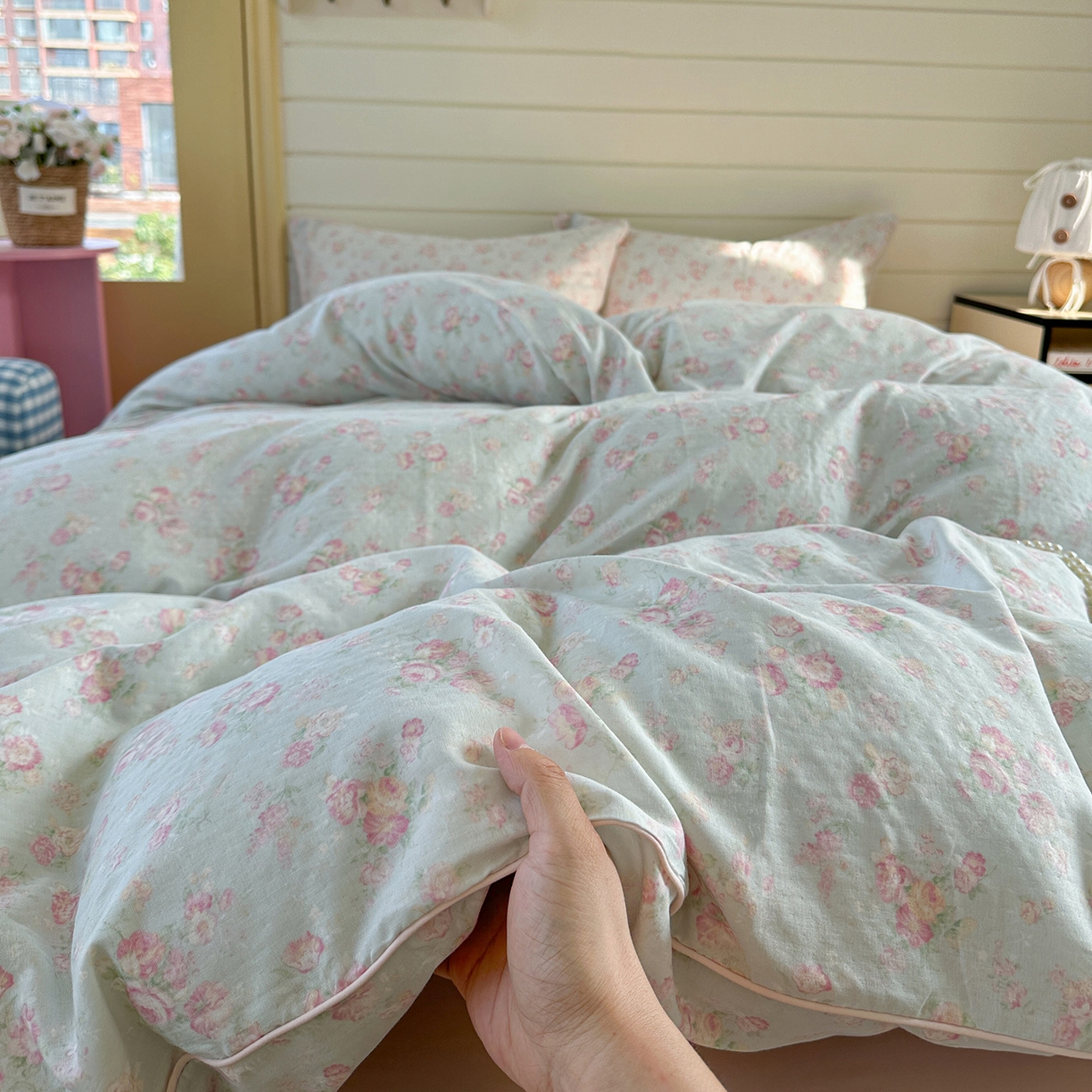 91家纺网 家纺一手货源 找家纺 麦伦家居 2025新品嵌绳款全棉双层纱四件套 嵌绳款-花枝晓绿