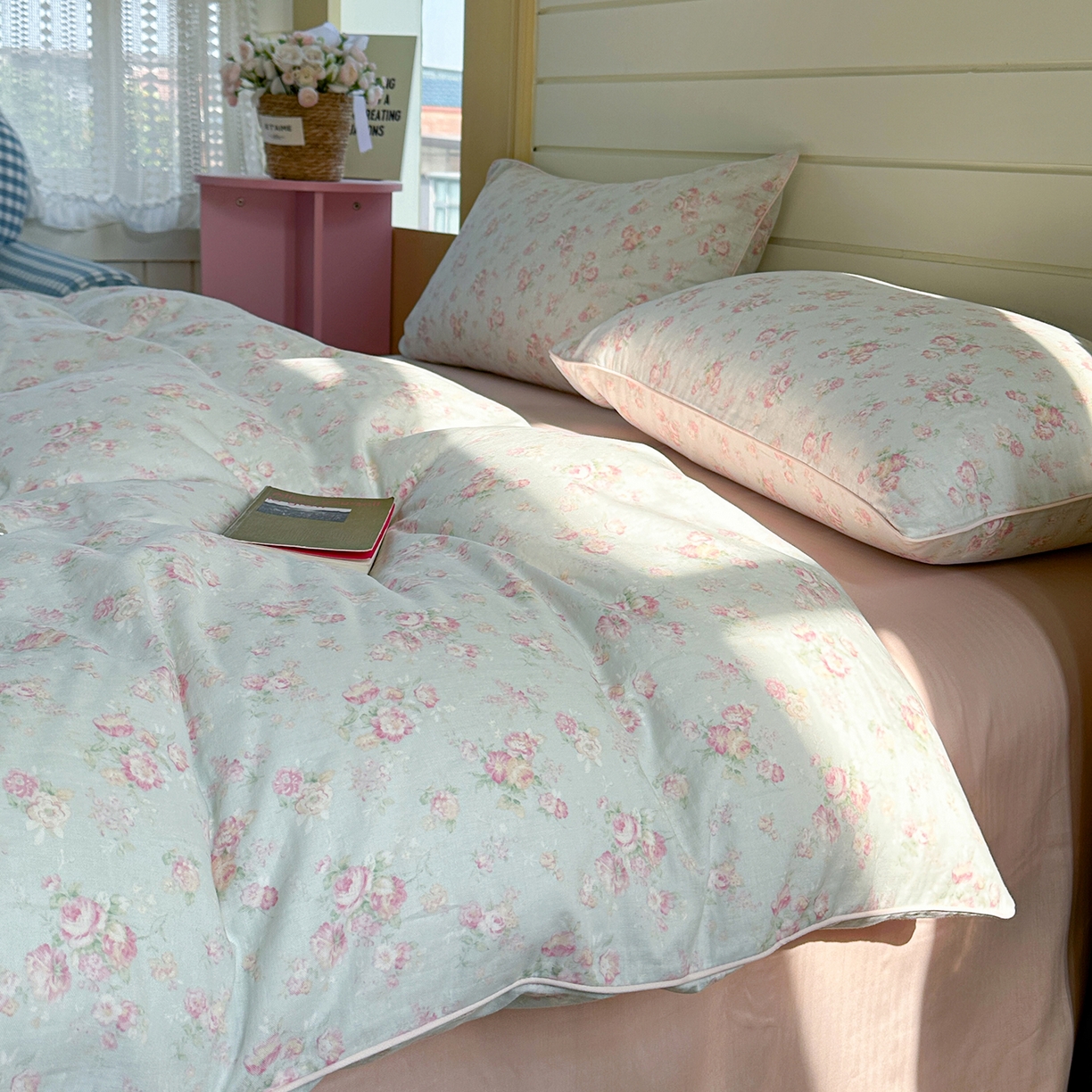 91家纺网 家纺一手货源 找家纺 麦伦家居 2025新品嵌绳款全棉双层纱四件套 嵌绳款-花枝晓绿