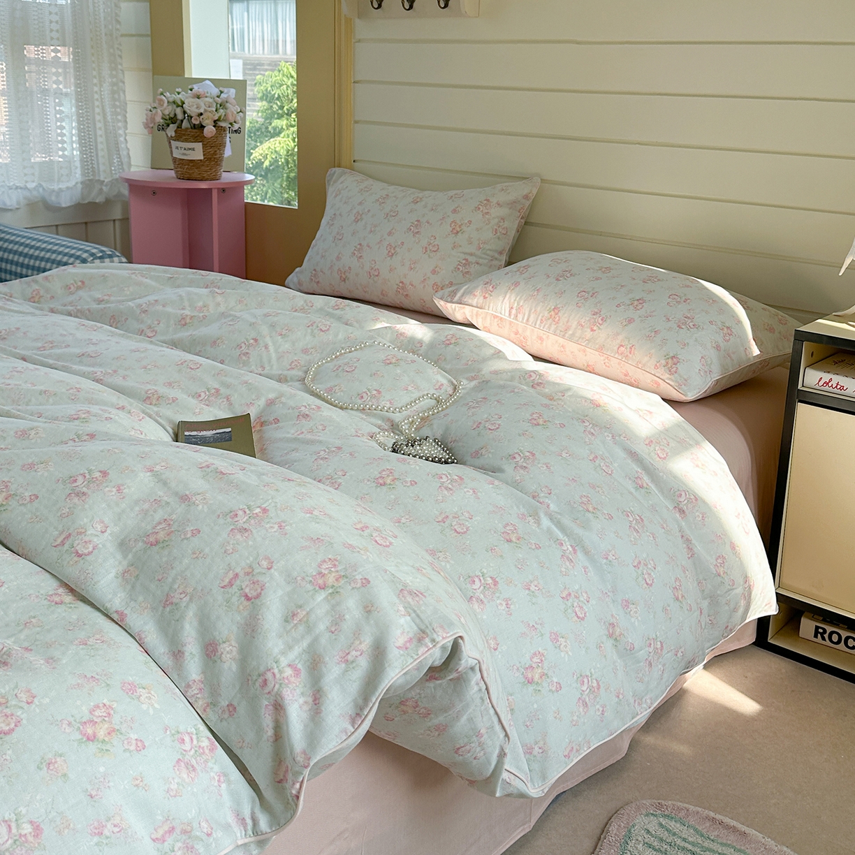 91家纺网 家纺一手货源 找家纺 麦伦家居 2025新品嵌绳款全棉双层纱四件套 嵌绳款-花枝晓绿