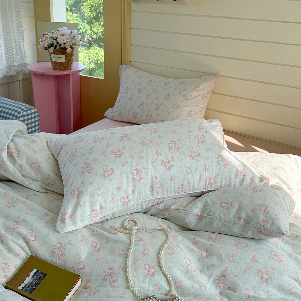 91家纺网 家纺一手货源 找家纺 麦伦家居 2025新品嵌绳款全棉双层纱四件套 嵌绳款-花枝晓绿